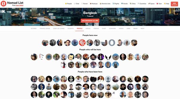 The image displays a webpage from Nomad List focused on the city of Bangkok, Thailand.