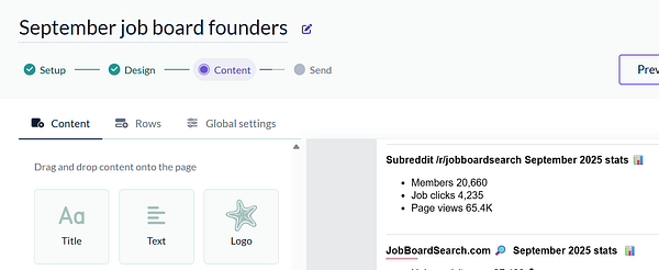 The image displays a user interface for updating content related to a job board newsletter.