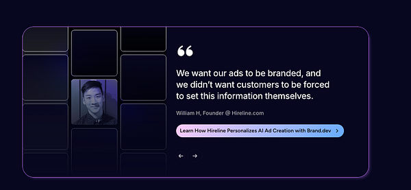 A testimonial component featuring a quote from William H., the founder of Hireline.