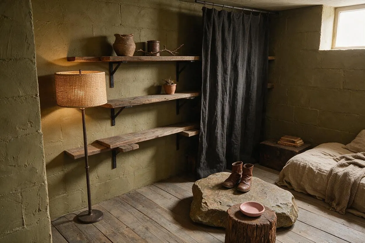 A small wabi-sabi style closet or dressing room with textured olive plaster walls, weathered wood shelves, and a woven floor lamp casting warm light. A dark curtain hangs near a bed, while a large stone slab, tree-stump table, leather boots, and ceramic vessels add an organic, imperfect feel.