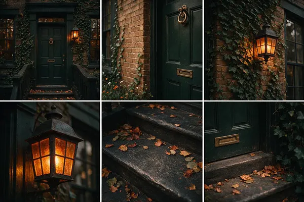 A dark academia exterior featuring a deep green front door set into weathered brick, framed by climbing ivy and lit by a warm amber lantern. Stone steps scattered with fallen autumn leaves lead up to the entrance, creating a moody, scholarly atmosphere.