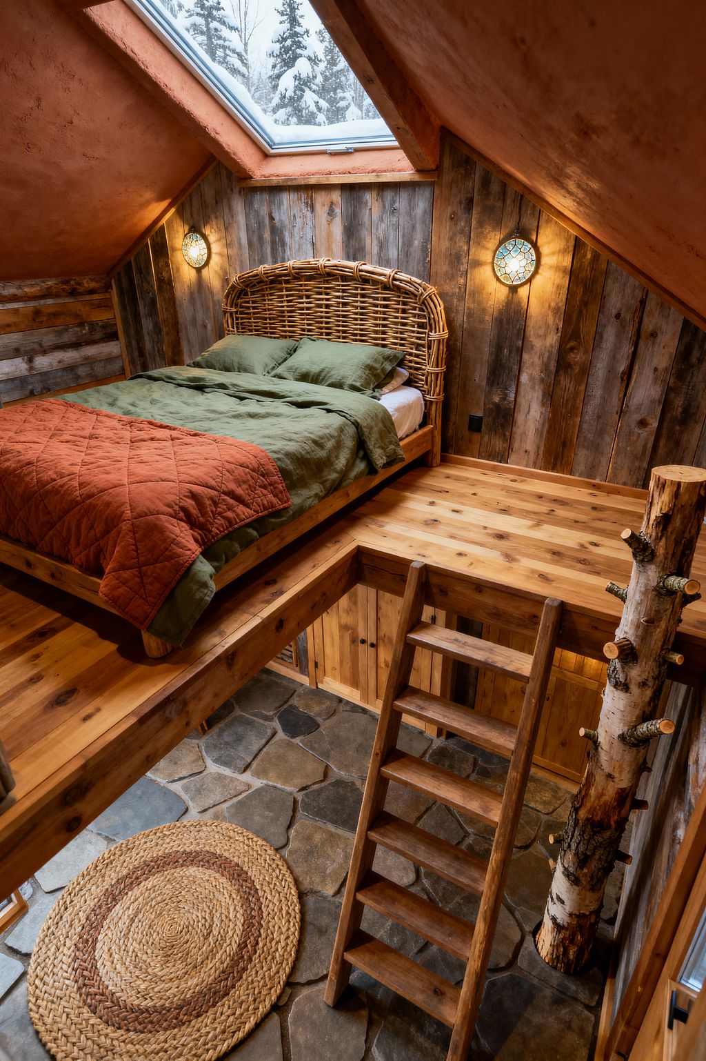 A compact loft bedroom with a sloped terracotta plaster ceiling sits beneath a large skylight overlooking snowy pines. The bed features green linen bedding, a rust quilt, and a woven rattan headboard against weathered reclaimed wood walls. Warm mosaic sconces illuminate honey-toned timber floors and a wooden ladder descending to a flagstone floor with a round jute rug, while a birch log post and built-in wood cabinets reinforce the rustic cabin feel.