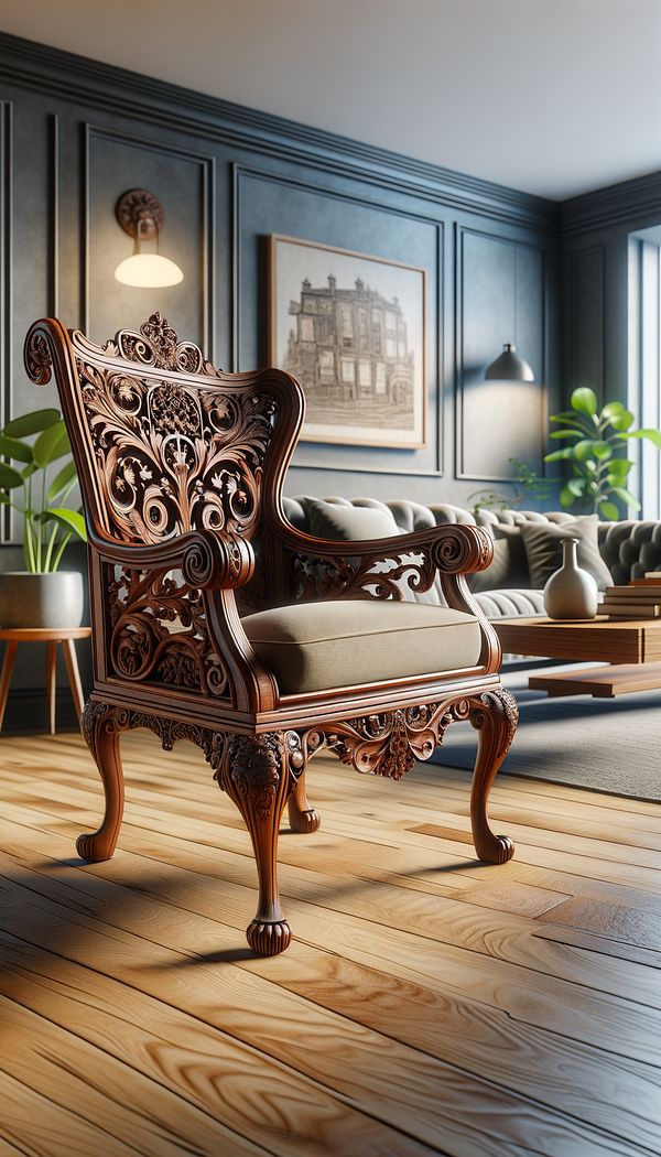 a beautifully carved Chippendale chair made of mahogany wood, featuring the distinctive cabriole leg and ball and claw foot, placed in a modern living room setting
