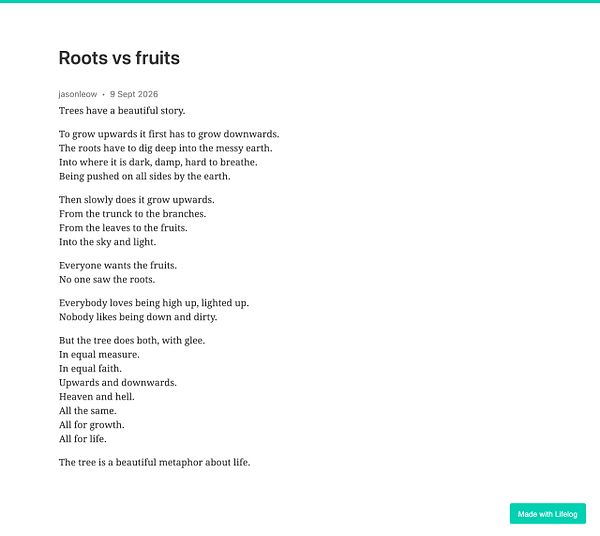 A conceptual educational graphic contrasting roots and fruits using annotated illustrations.