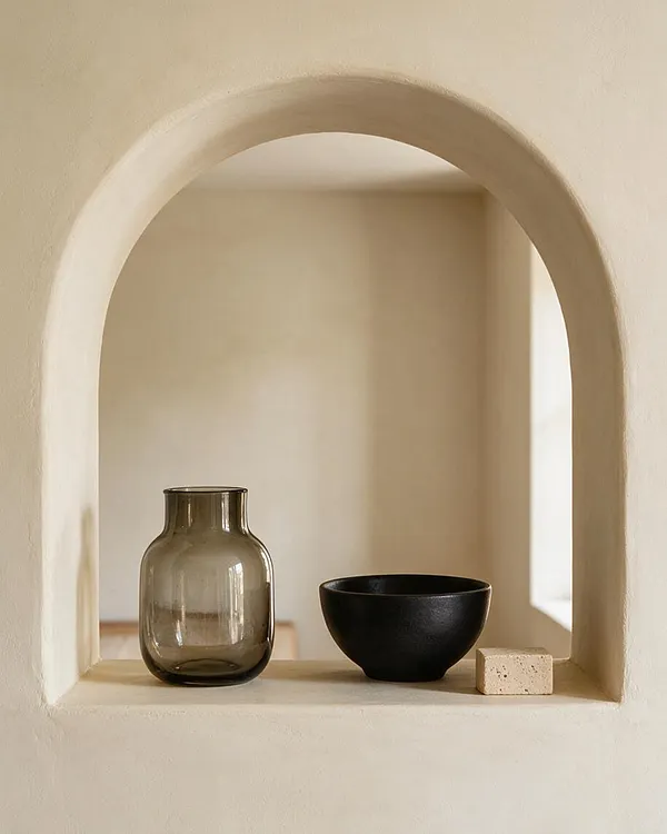 A modern built-in arched niche with softly textured cream plaster walls frames a simple still life. Inside are a smoky glass vase, a matte black bowl, and a small beige stone block arranged on a ledge in a calm neutral palette.