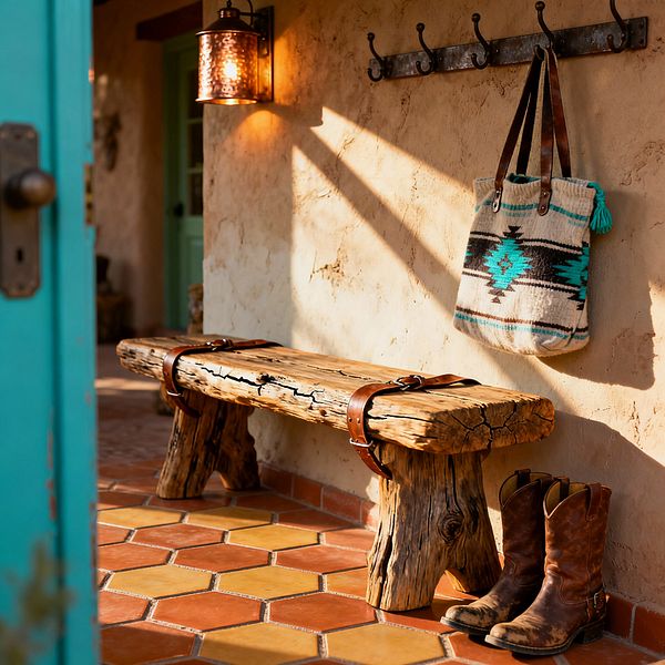 Sunlit mudroom with textured adobe plaster walls and hexagonal Saltillo floor tiles in terracotta and golden ochre. A rustic, rough-hewn log bench is secured with saddle-brown leather straps. Above it, a blackened iron hook rack holds a wool tote with Southwestern geometric patterns in cream, turquoise, and dark brown. A hammered copper lantern sconce casts warm light. At left, a turquoise-painted door is ajar, and a pair of worn brown cowboy boots sits on the floor.