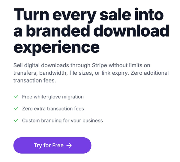 The image promotes a service for selling digital downloads through Stripe with a focus on a seamless user experience.