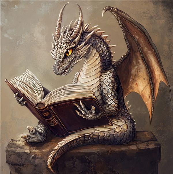 A dragon is reading a large book while perched on a stone pedestal.