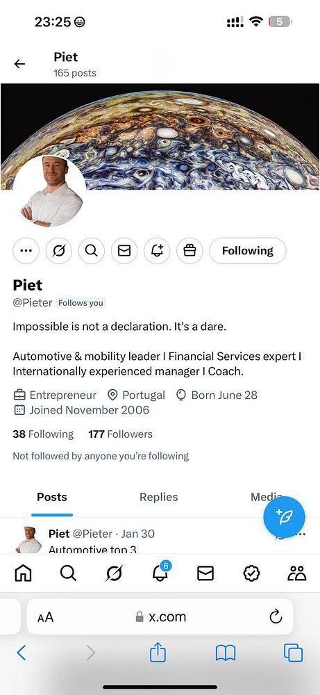 A social media profile of a user named Piet, showcasing his interests and professional background.