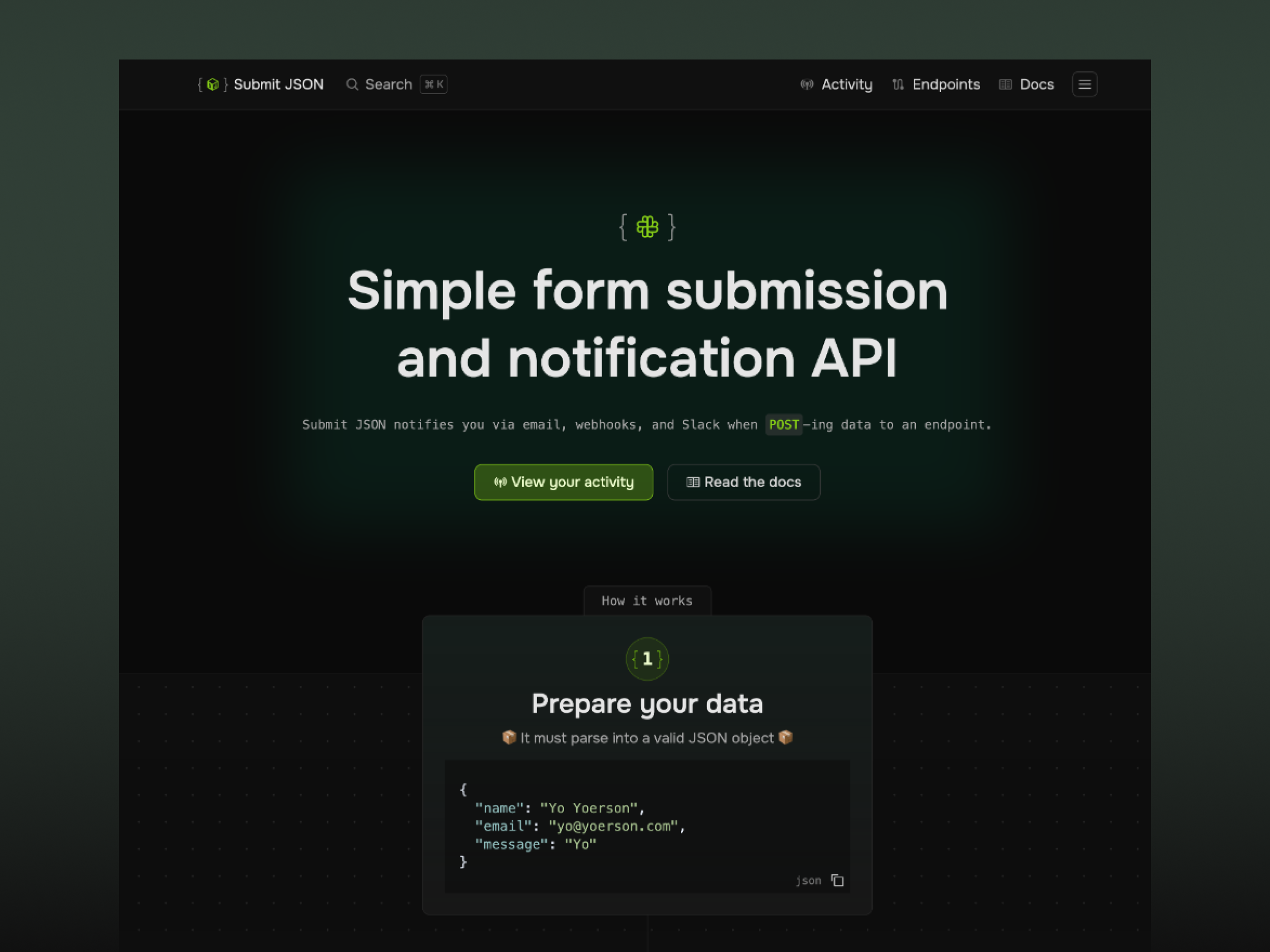 Submit JSON: Simple form submission and notification API