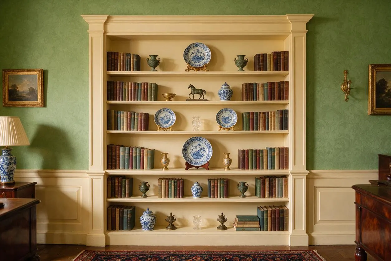 A traditional room with a large built-in cream bookcase centered on a green textured wall and paneled wainscoting below. The shelves hold rows of old books, blue-and-white porcelain plates and jars, small decorative vases, and a horse figurine, with framed art and a table lamp flanking the scene.