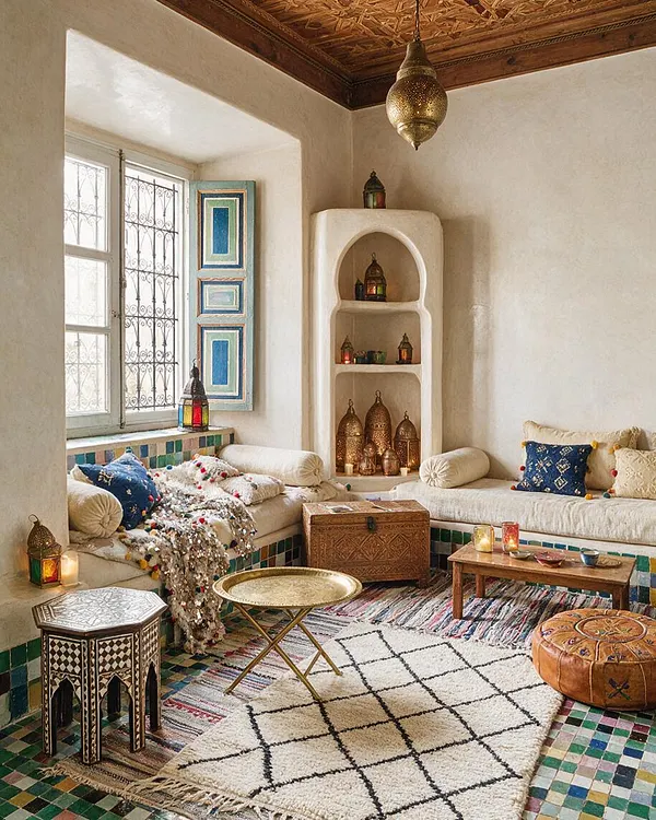 A cozy Moroccan-style sunroom with built-in cream seating around the walls, colorful patterned pillows, and layered rugs on the floor. The room features a carved wooden ceiling, arched niches filled with brass lanterns, a tiled window ledge, and small tables in metal and wood finishes.