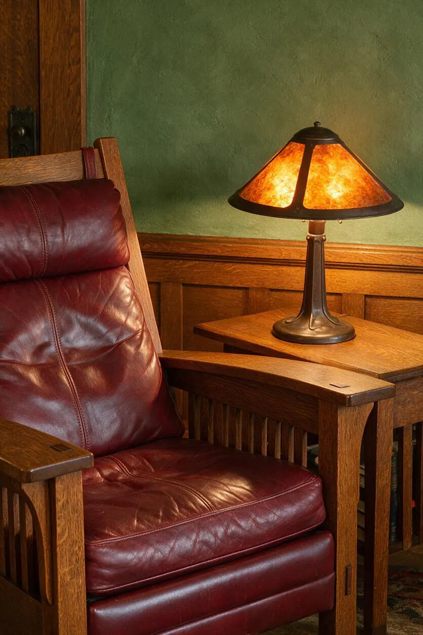 A cozy Craftsman-style corner features a deep burgundy leather armchair with wide oak arms beside a small wooden side table. A table lamp with an amber stained-glass shade casts a warm glow against a muted green wall with wood wainscoting.