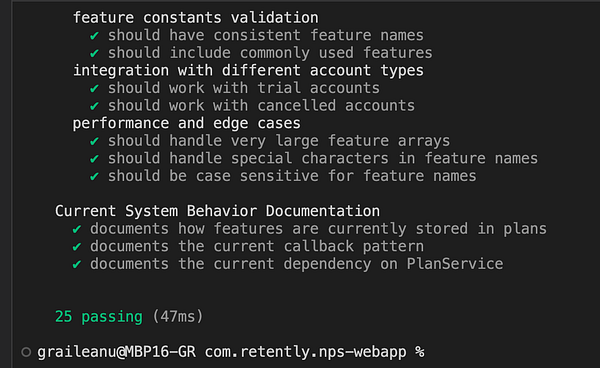 The image displays a terminal interface showing test results and documentation for a software project.
