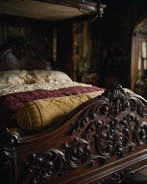 A Victorian-style bed with a richly carved dark mahogany footboard and headboard, featuring elaborate scrolling floral detailing. The bed is dressed in layered bedding with cream, burgundy, and gold tones, creating a luxurious, moody atmosphere.