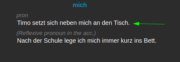 Screenshot of a German learning app reviewing vocabulary, showing German words with translation options and a correct answer submission.