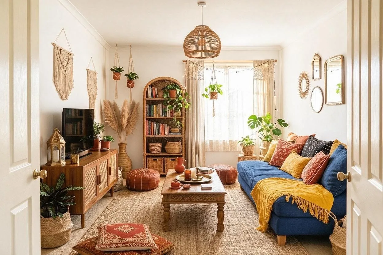 The same Boho living room in the Indigo Market palette: chalk white, natural jute, indigo, saffron, and rust