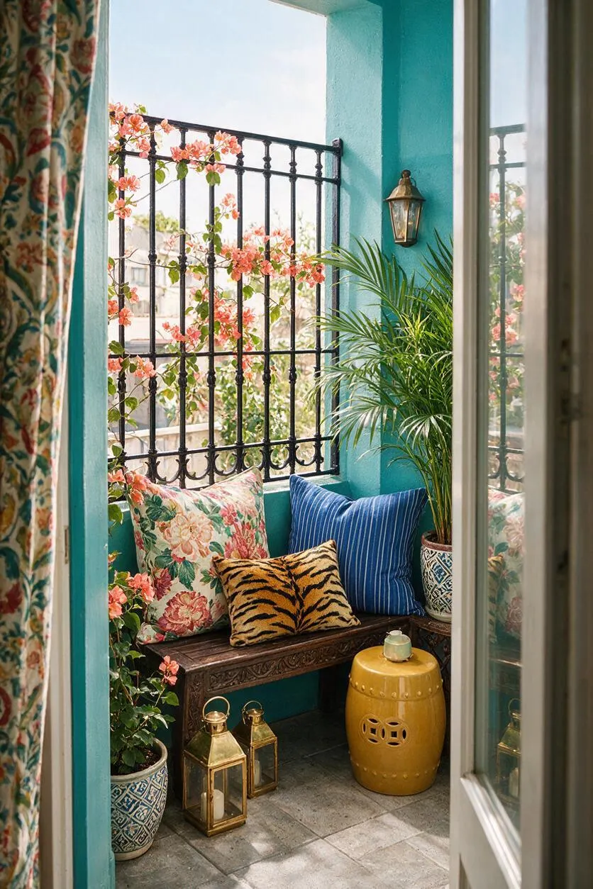 A small balcony styled in a maximalist mix of color, pattern, and texture, with turquoise walls, a black iron railing covered in pink flowers, a carved wooden bench with floral, striped, and tiger-print pillows, potted plants, brass lanterns, and a mustard-yellow ceramic stool. A floral curtain and reflected doorway frame the cozy outdoor nook.