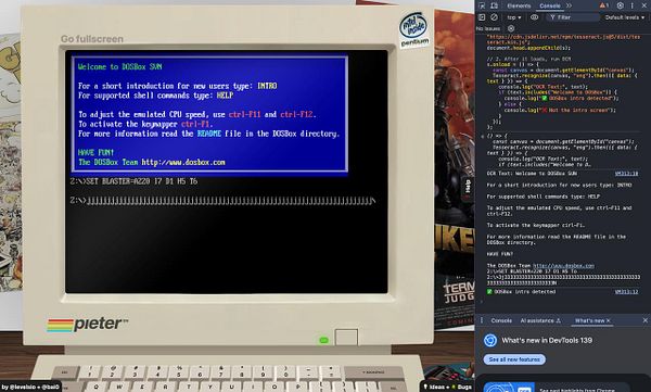 An old computer screen displays the DOSBox welcome message alongside a developer console showing JavaScript code.