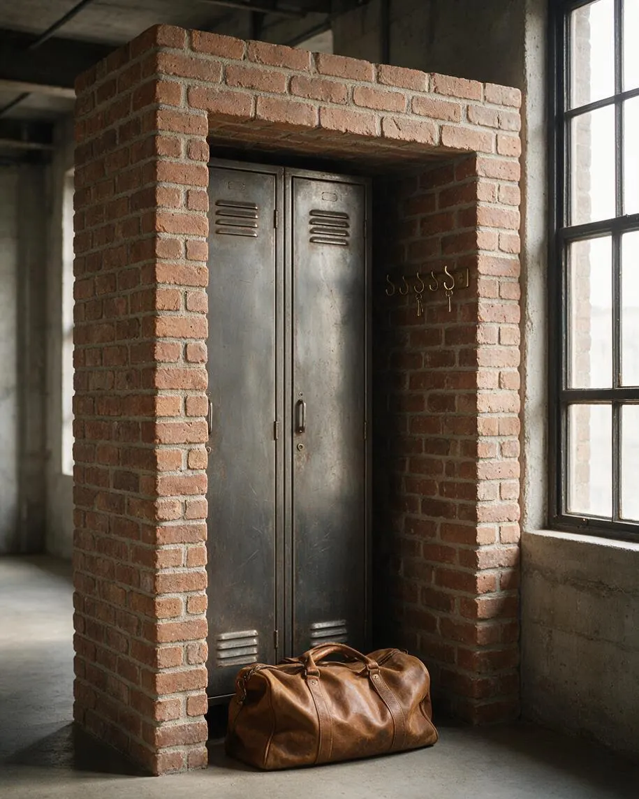 An industrial interior vignette featuring a brick-framed alcove with a tall metal locker cabinet inside. A brown leather duffel bag sits on the concrete floor in front, beside a large black-framed factory-style window and exposed concrete walls.