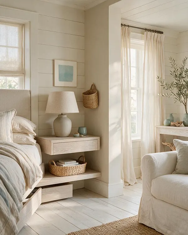 A bright coastal master bedroom with a cream upholstered bed, pale wood nightstand, woven basket, and soft neutral bedding. Sheer curtains, white shiplap-style walls, and light-filled windows create a calm, airy atmosphere.