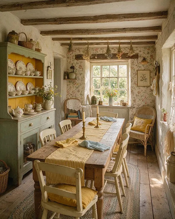 A cozy cottagecore dining room with a long rustic wooden table, cream-painted chairs, and a vintage green hutch filled with floral china. Exposed wooden ceiling beams, botanical wallpaper, hanging dried flowers, and woven wicker accents create a warm, sunlit countryside feel.