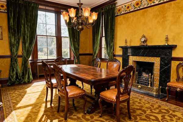 A sunlit Victorian dining room with a polished mahogany table and six carved chairs upholstered in tan leather with brass nailheads. Golden ochre walls with a sunflower frieze frame tall wood windows hung with deep green velvet curtains; a black marble fireplace with gilded ceramic tiles, brass grate, and mantel clock anchors the room, while an antique brass chandelier with tulip-shaped amber glass shades and a patterned golden carpet complete the warm, opulent setting.