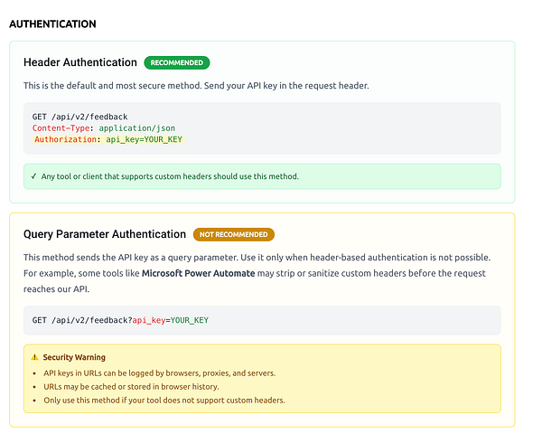 The image displays updated API documentation focusing on authentication methods.