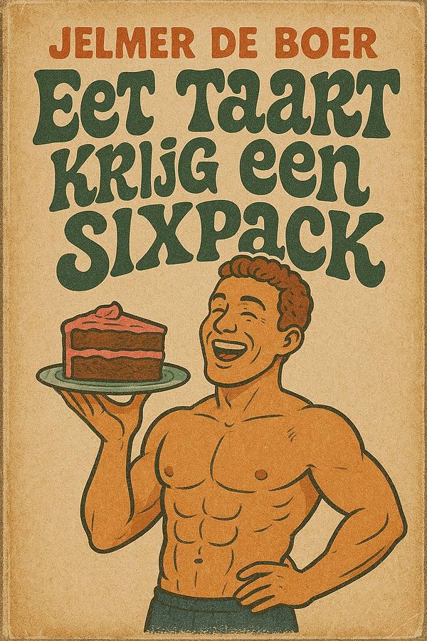 A retro-style book cover featuring a muscular man holding a cake.