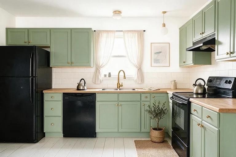 A Scandinavian kitchen in the Sage Kitchen palette: white, sage green, light oak, off-white, and brass