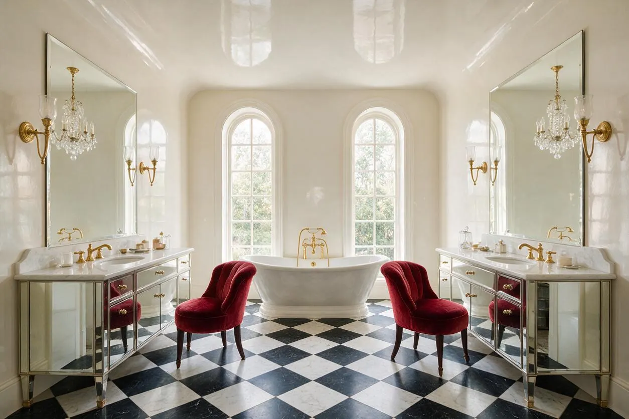 A luxurious master bathroom in Hollywood Regency style features twin mirrored vanities with marble countertops, gold fixtures, and crystal sconces on both sides. A sculptural white freestanding tub sits centered beneath two tall arched windows, with two deep red velvet accent chairs adding a dramatic touch over a black-and-white checkerboard floor.