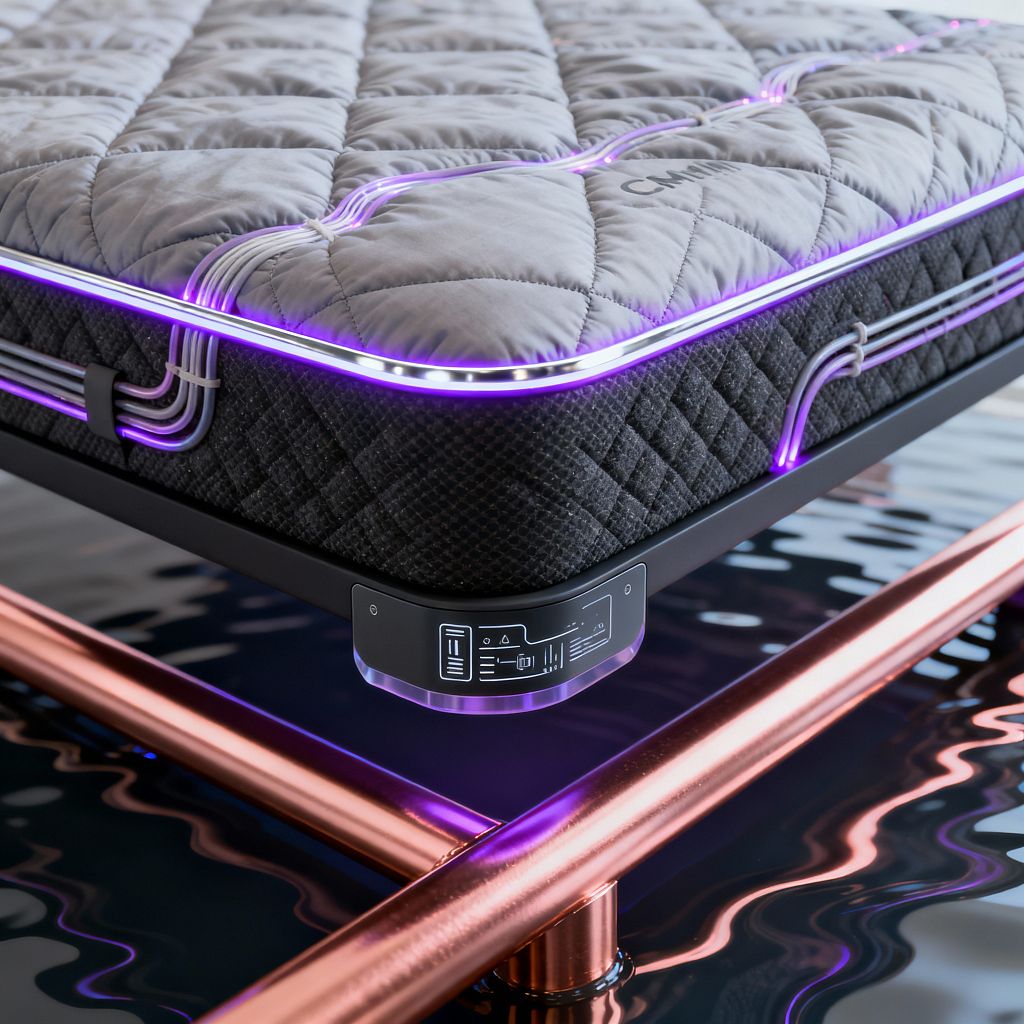 Close-up of a futuristic bed shows a gray quilted mattress with violet LED piping that waves across the surface and wraps the edge. The mattress rests on a slim black base with a small digital control module and polished copper tubular frame above a glossy, water-like surface, while tidy metal conduits manage the cables; the scene glows purple, highlighting high-tech materials and precise detailing.