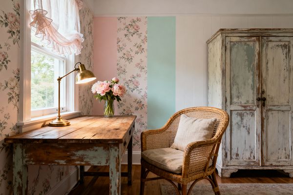 A small shabby chic home office features a rustic reclaimed wood desk with distressed pale green legs. A vintage brass task lamp and a glass vase of pink peonies sit on the desk beside a window dressed in a ruffled sheer curtain. The wall combines floral rose wallpaper with vertical panels of blush pink and mint green next to white paneling. A woven rattan chair with a beige linen cushion sits on a warm wood floor near a weathered cream-and-sage armoire.