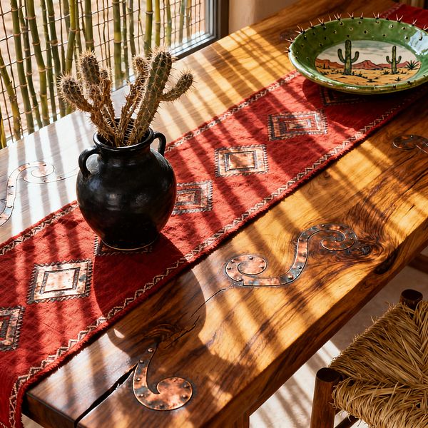 A sunlit dining table in Southwestern style features a knotty hardwood top with riveted copper scroll inlays and a red woven runner with diamond motifs. On the runner sit a matte black earthenware jar holding cactus stems and a hand-painted green ceramic bowl with a desert scene; a woven rush chair peeks into the frame while reed window shades cast striped shadows across the warm wood.