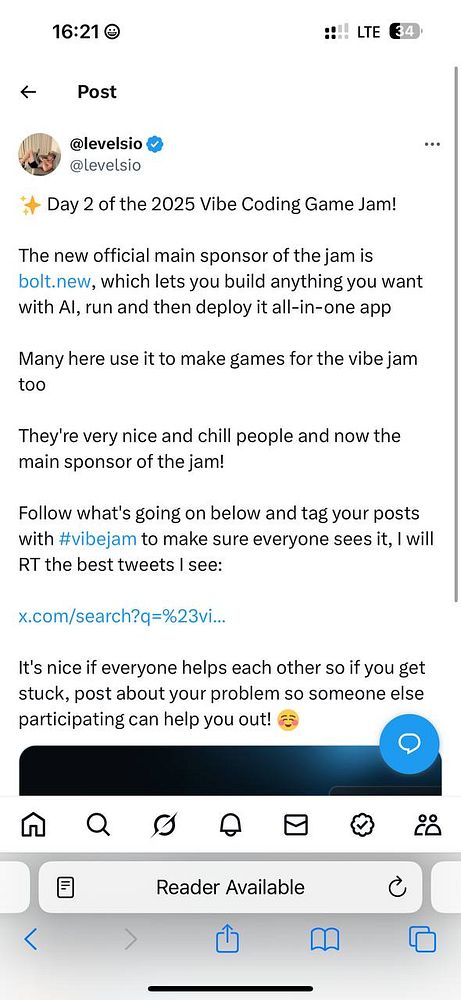 A tweet announcing Day 2 of the 2025 Vibe Coding Game Jam and introducing bolt.new as the main sponsor.