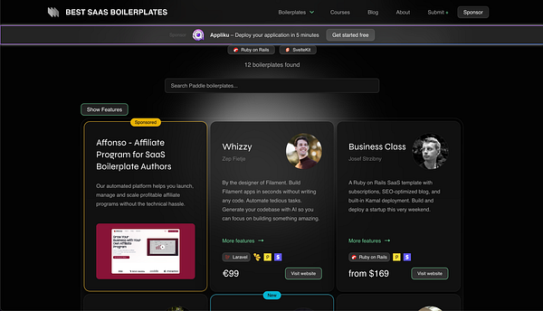 The image displays a webpage featuring various SaaS boilerplates, highlighting the Affonso sponsor card.