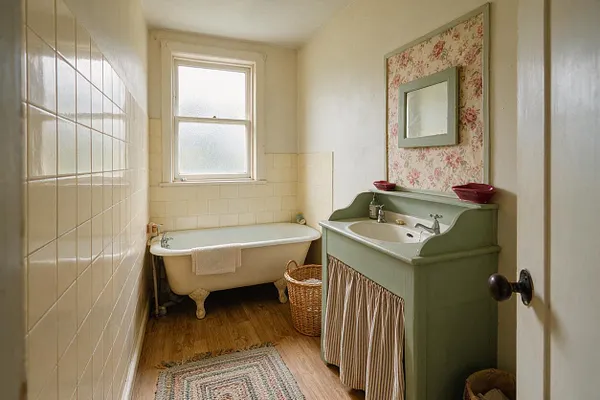 A narrow cottage-style bathroom with a freestanding clawfoot bathtub beneath a frosted window, a sage green painted vanity with a small sink, and floral wallpaper behind the mirror. Cream wall tiles, a woven laundry basket, striped curtain under the sink, and a braided rug add soft rustic charm.