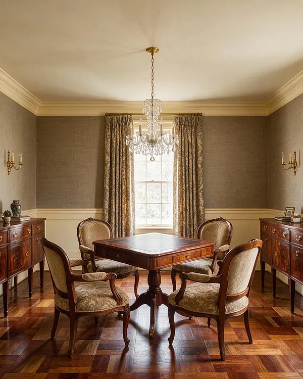 A traditional game room with a square wood game table surrounded by four upholstered armchairs, set on a glossy parquet floor. The room features taupe textured walls with cream wainscoting, ornate drapery framing a centered window, a crystal chandelier overhead, and matching wood storage cabinets on both sides.
