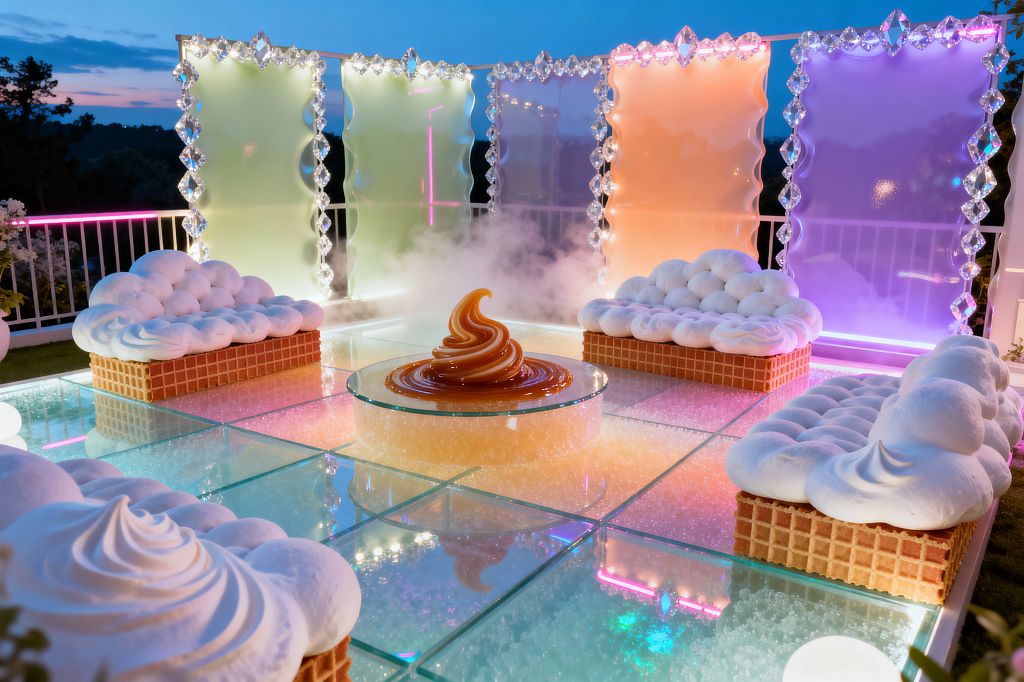 A whimsical patio at dusk features four bench seats resembling waffle cones topped with oversized whipped-cream cushions, arranged around a circular glass table with a glossy caramel swirl centerpiece. The floor is a grid of illuminated glass tiles in pastel gradients. Behind the seating, translucent panels in mint, peach, and lavender with crystal-like edges glow while light fog drifts. Small globe lights and a railing define the terrace overlooking the landscape.