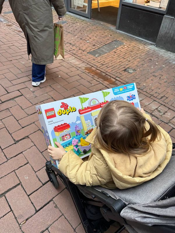 A child in a stroller is holding a LEGO Duplo box while walking down a street.