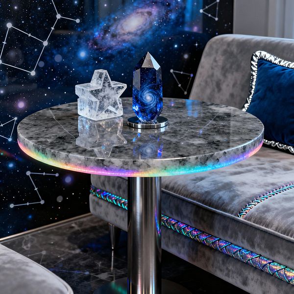 A round gray marble side table with a stainless pedestal sits between plush gray velvet seats trimmed with iridescent piping and a navy velvet cushion with silver edging. On the tabletop, a clear crystal star and a blue galaxy-patterned obelisk are illuminated by a rainbow LED rim, while a constellation mural and spiral galaxy artwork fill the backdrop above a dark, polished floor.