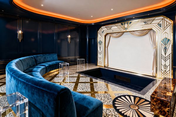 A luxurious media room with deep navy lacquered wall paneling edged in gold and ribbed brass sconces. A curved blue velvet sectional with a brass base faces a large projection screen framed by an ivory and gold Art Deco proscenium with teal details and champagne satin curtains. The terrazzo floor features a geometric brass lattice and a round fan-pattern rug, while warm amber cove lighting glows around the ceiling.