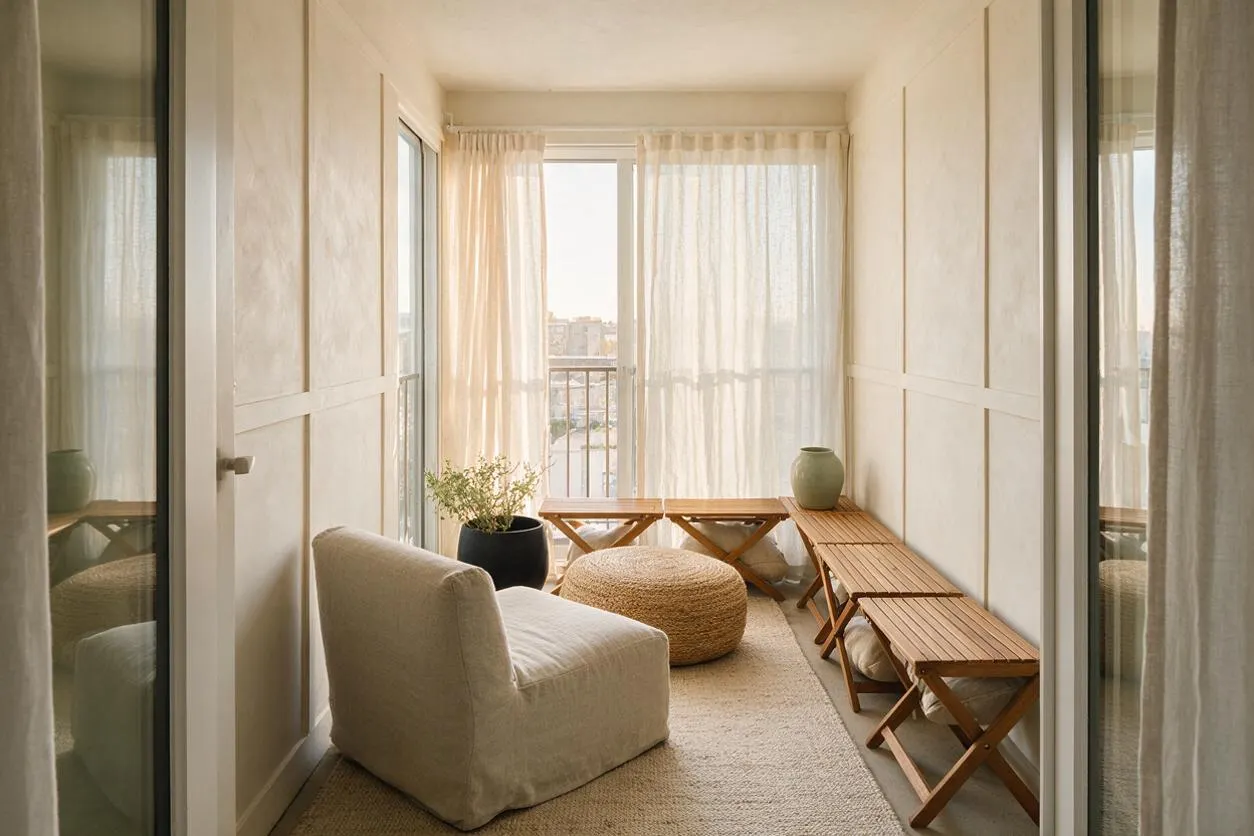 A narrow patio styled in Organic Modern design features a beige slipcovered chair, a round woven ottoman, and slim wooden folding benches along the walls. Sheer curtains filter sunlight at the far end, while a black planter with greenery and soft neutral finishes create a calm, airy atmosphere.