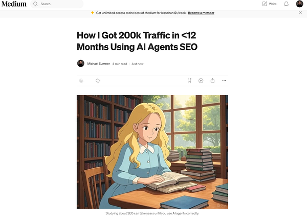 An animated character studies in a cozy library setting filled with books.