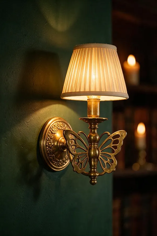 A brass wall sconce with a pleated cream lampshade and butterfly-shaped arms is mounted on a deep forest green wall. The warm light casts a soft glow, while blurred candles and dark shelving in the background add a moody, vintage atmosphere.