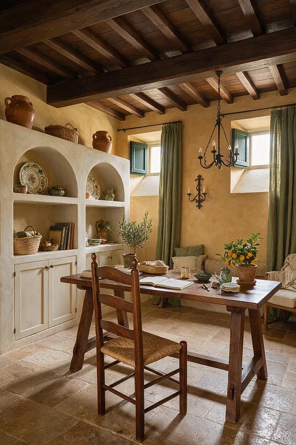 A warm Mediterranean-style basement room with a dark wood beam ceiling, textured ochre walls, and a stone tile floor. The space includes a wooden dining table, woven chair, built-in arched shelving with pottery and books, green shutters, olive-toned curtains, and wrought-iron lighting.