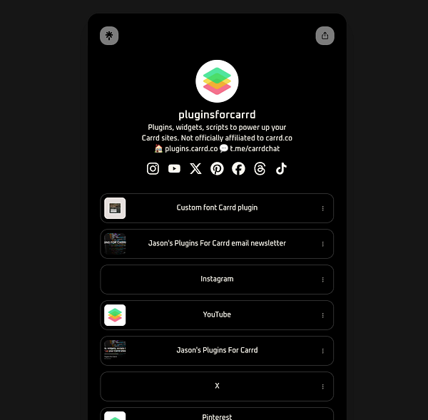 Screenshot of a Linktree site for Plugins for Carrd featuring social media and platform links.