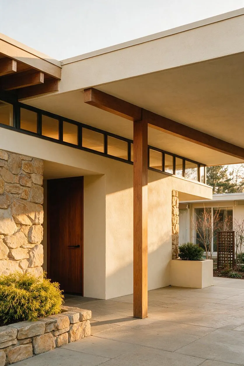 A mid-century modern house exterior with a flat overhanging roof, exposed timber beams and a central wood post, cream stucco walls, a vertical wood front door, and a row of black-framed clerestory windows. Natural stone cladding, low landscaping, and a pale stone walkway create a warm, architectural entrance.