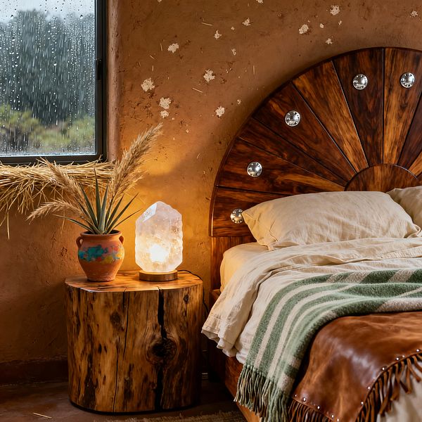 A Southwestern-style bedroom vignette shows an adobe-textured wall and a half-circle, sunburst wood headboard dotted with silver conchos beside a bed dressed in ivory linen, a sage-and-cream striped wool throw, and a caramel leather coverlet with fringe. A live-edge log nightstand holds a terracotta pot with agave and dried grasses and a glowing quartz crystal lamp, while a black-framed window speckled with rain brings cool daylight to the warm, earthy palette.