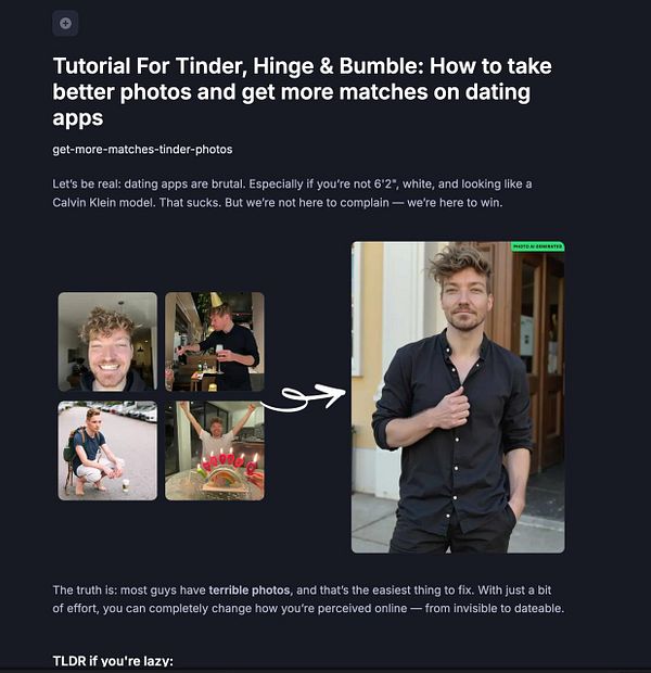 The image features a tutorial on improving dating app photos, showcasing a series of images and a prominent photo of a well-dressed man.